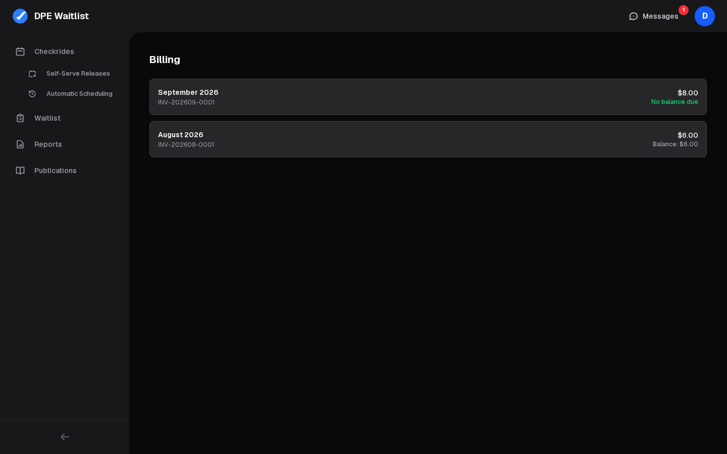 Billing: an invoice for each month, with its number, total, and whether a balance is due