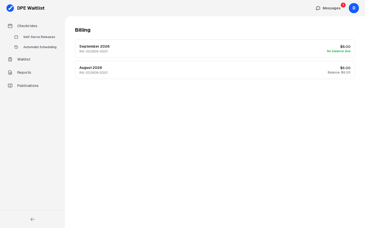 Billing: an invoice for each month, with its number, total, and whether a balance is due