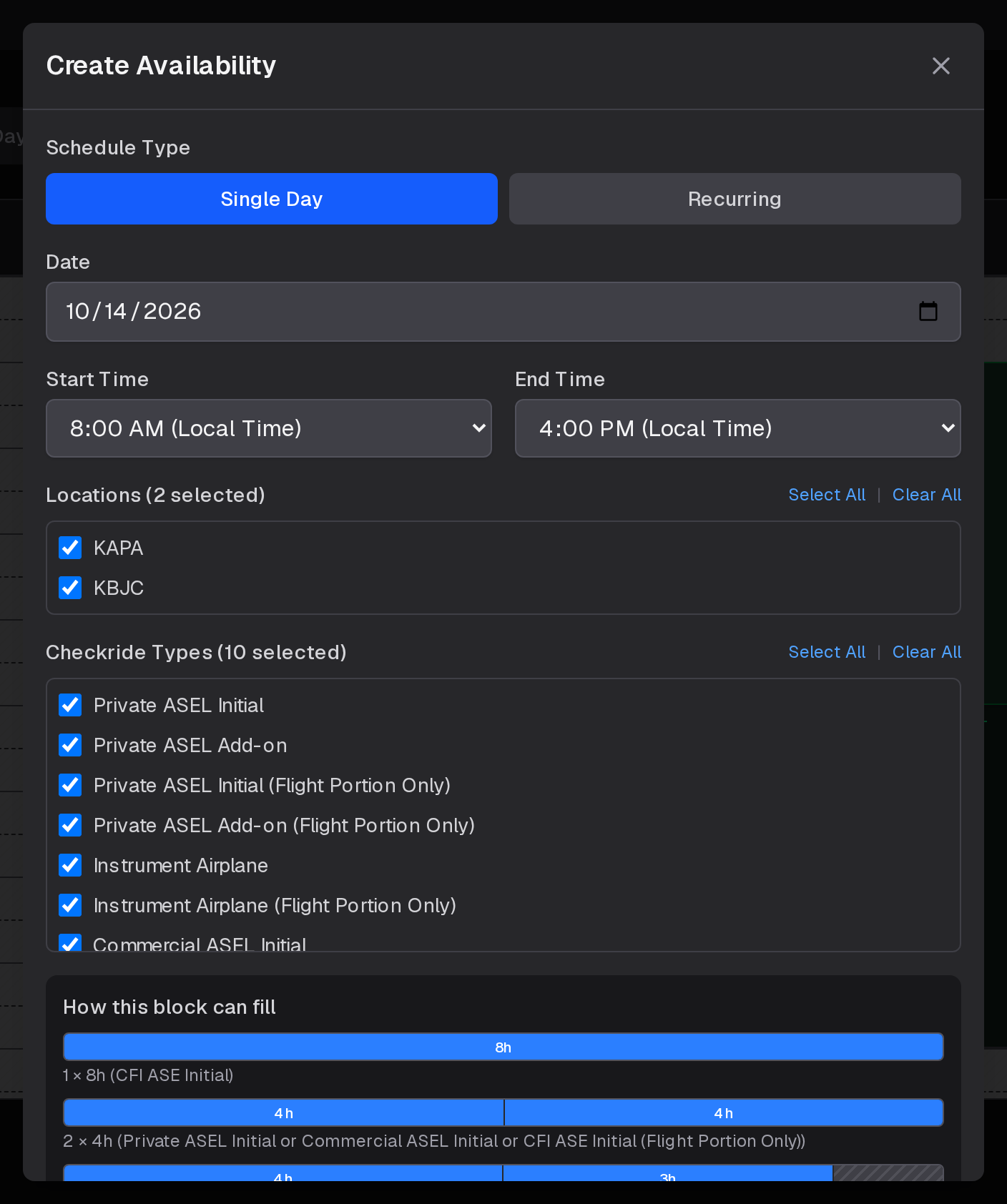 Create Availability for a single day: the date, start and end times, locations and checkride types
