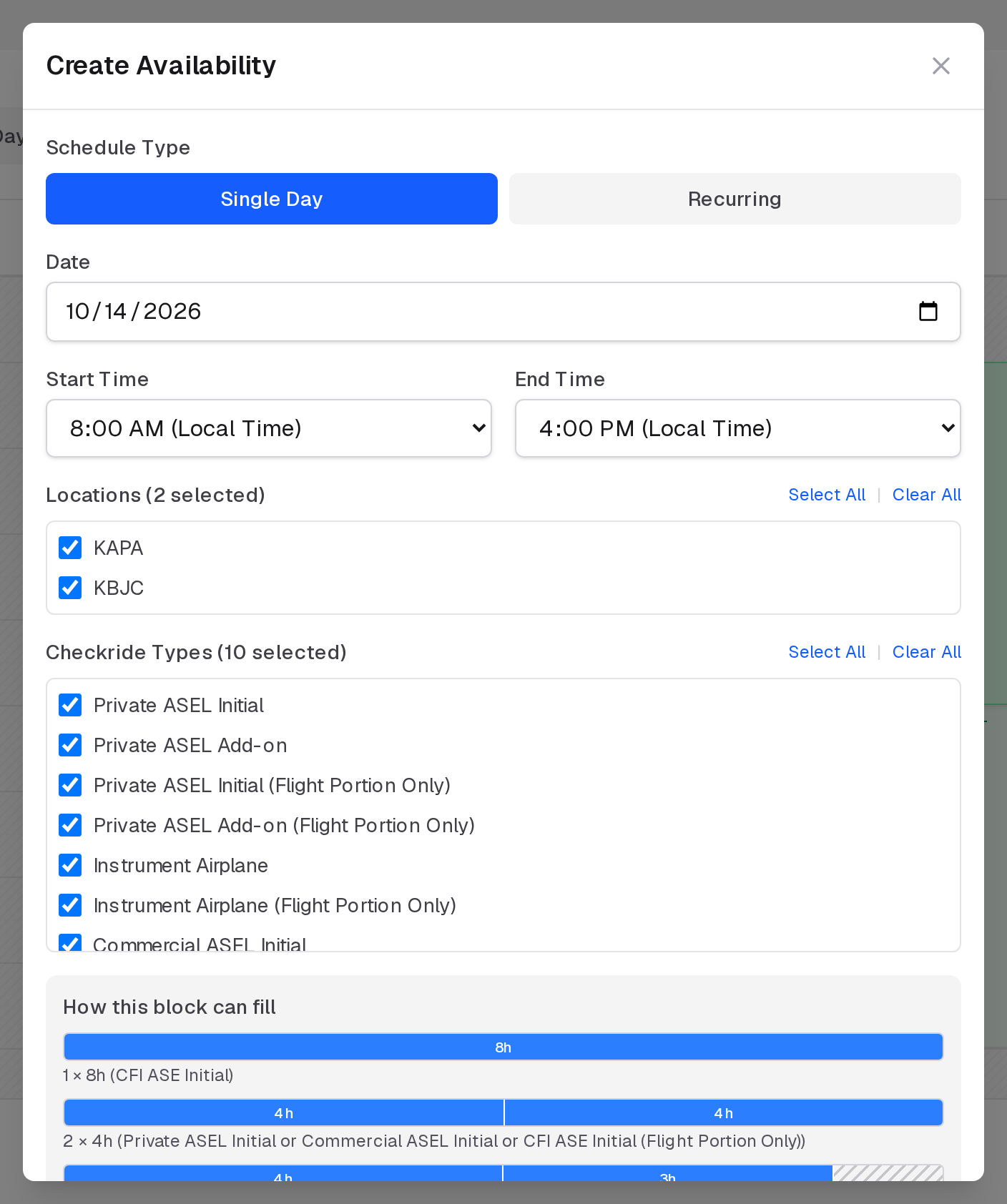 Create Availability for a single day: the date, start and end times, locations and checkride types