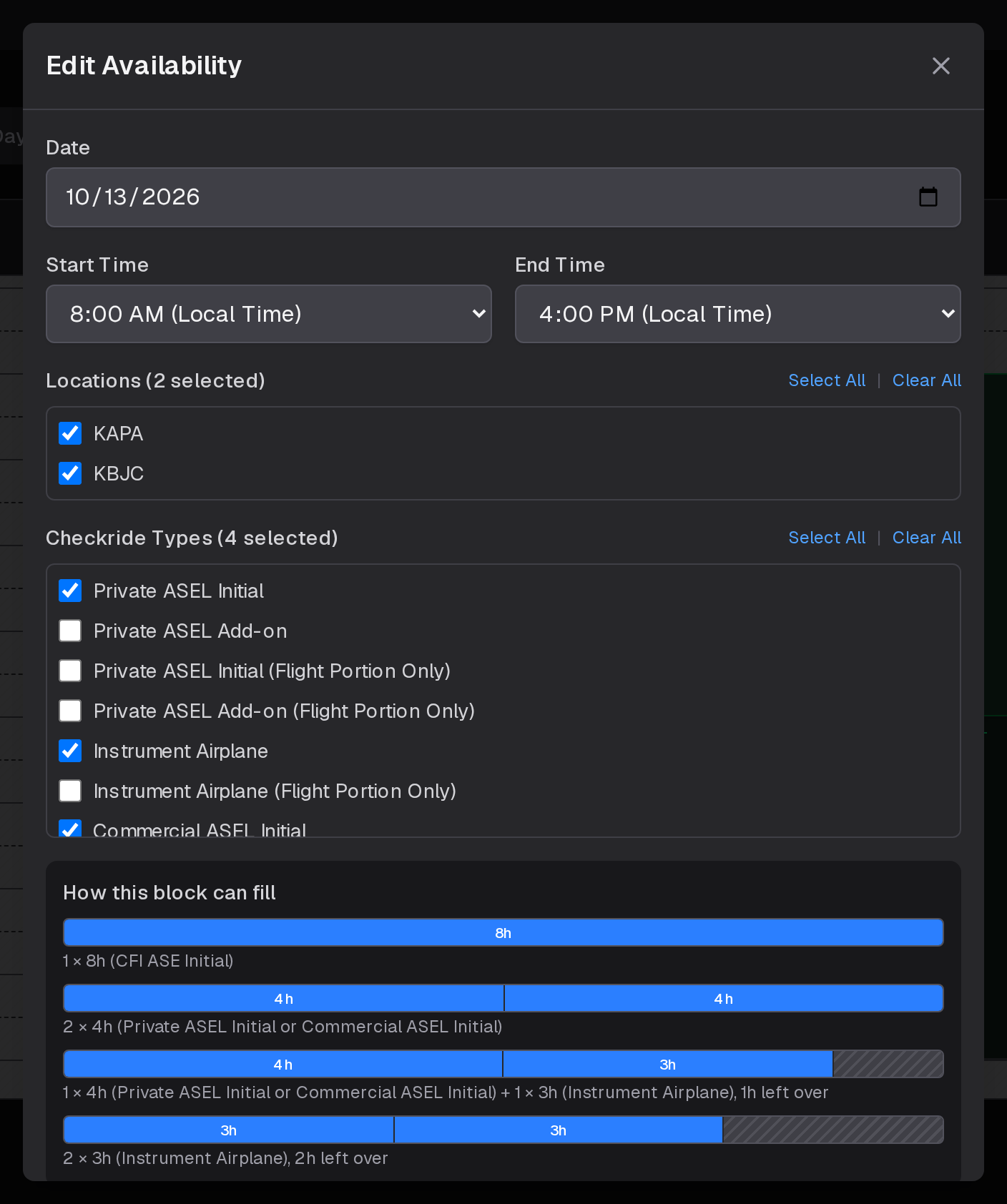 Edit Availability for a block, with its date, times, locations and checkride types