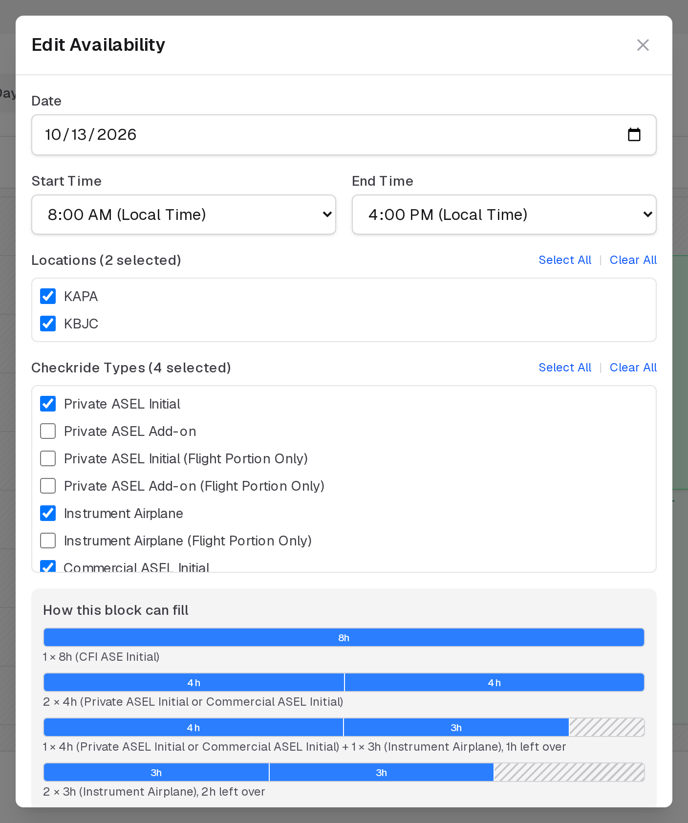 Edit Availability for a block, with its date, times, locations and checkride types