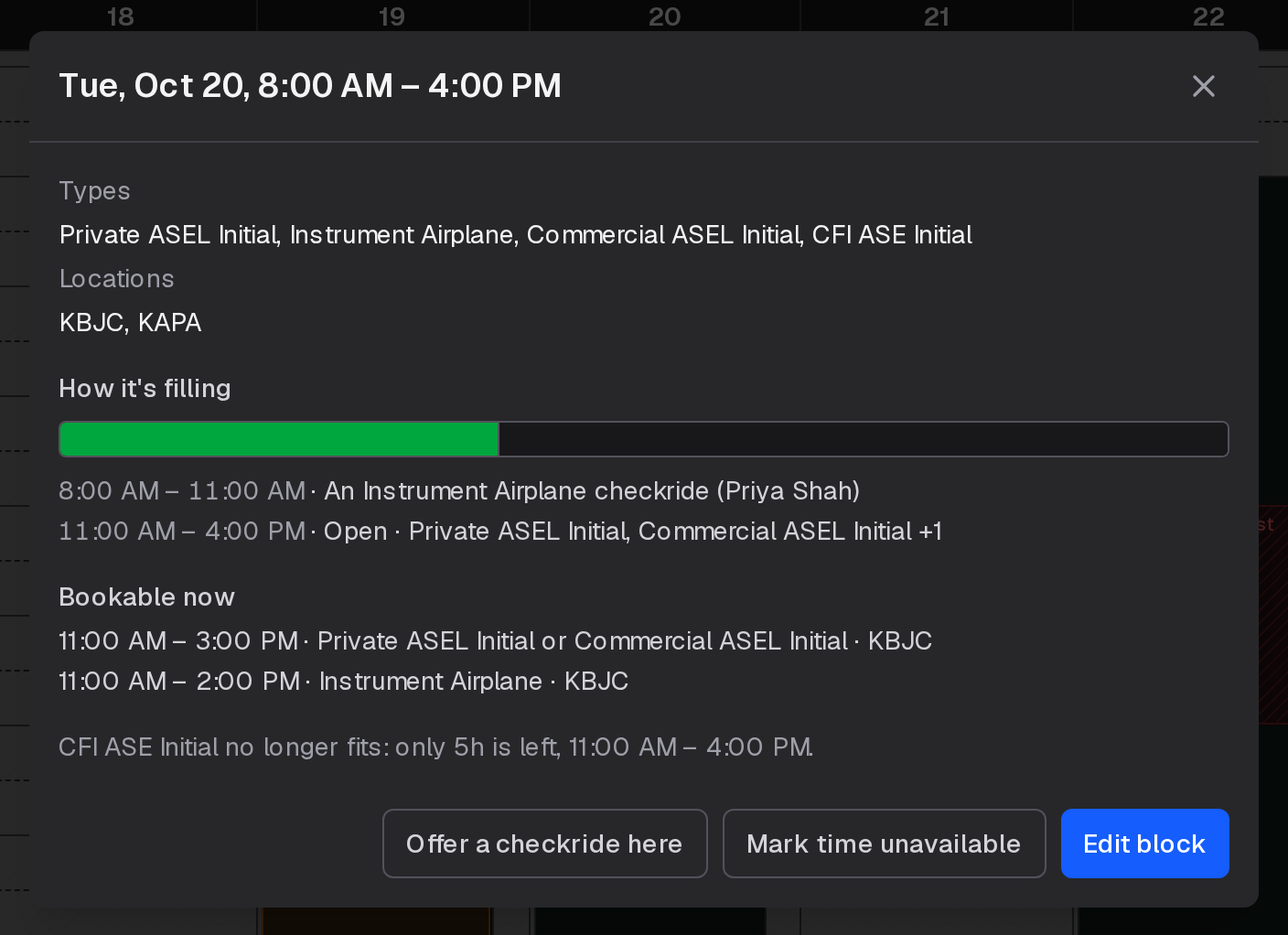 A block's panel showing how it is filling, the times bookable now, and a type that no longer fits