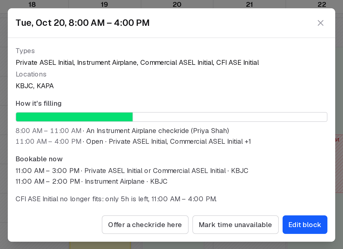 A block's panel showing how it is filling, the times bookable now, and a type that no longer fits