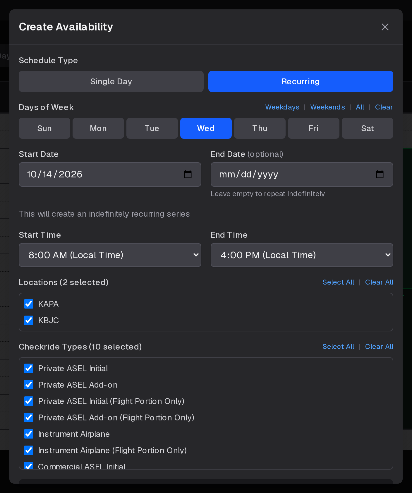 Create Availability, Recurring: the days of the week with shortcuts, the start and optional end date, then times, locations and types