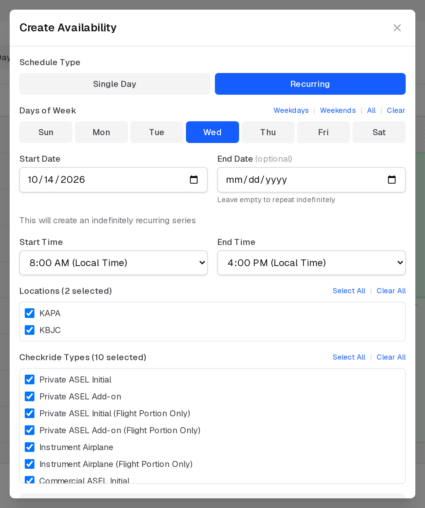 Create Availability, Recurring: the days of the week with shortcuts, the start and optional end date, then times, locations and types