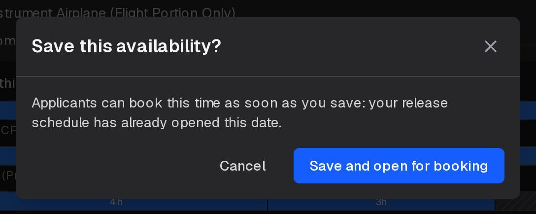 Save this availability? Applicants can book this time as soon as you save, with Cancel and Save and open for booking