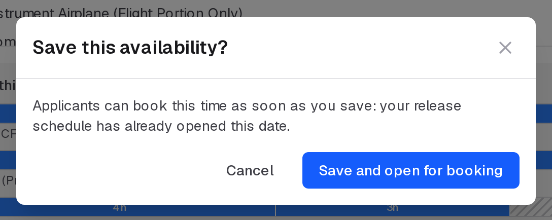 Save this availability? Applicants can book this time as soon as you save, with Cancel and Save and open for booking