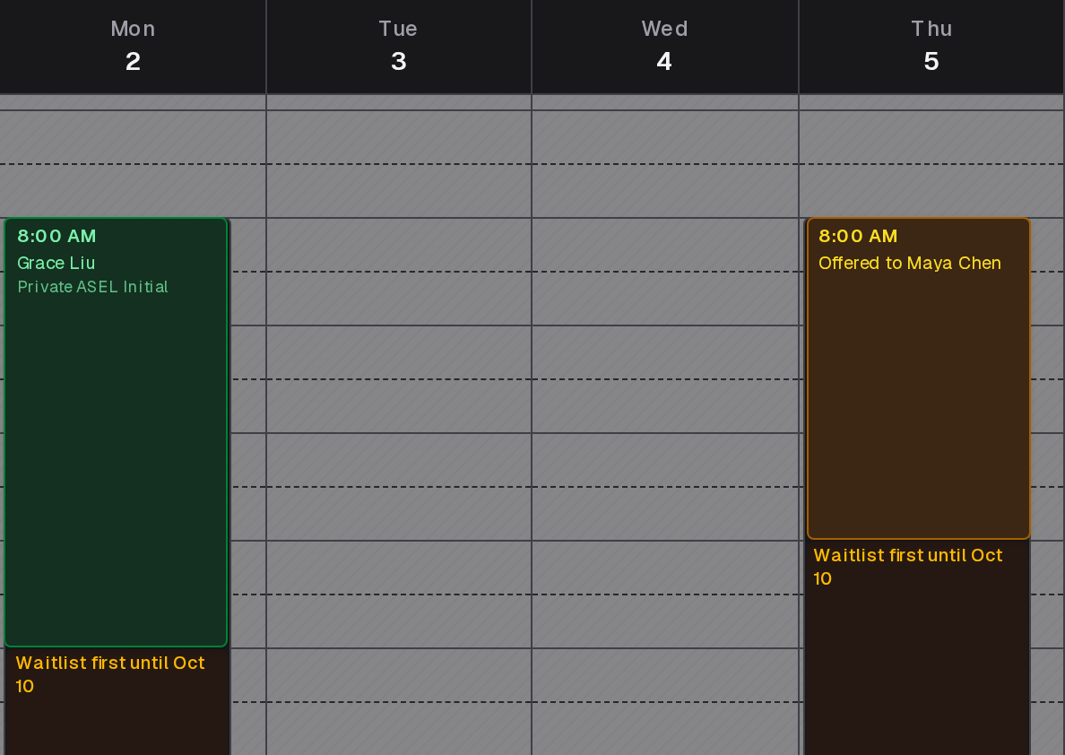 Next month on the calendar during its head start: a checkride an applicant accepted from the waitlist, a time Offered to Maya Chen, and the rest labelled Waitlist first