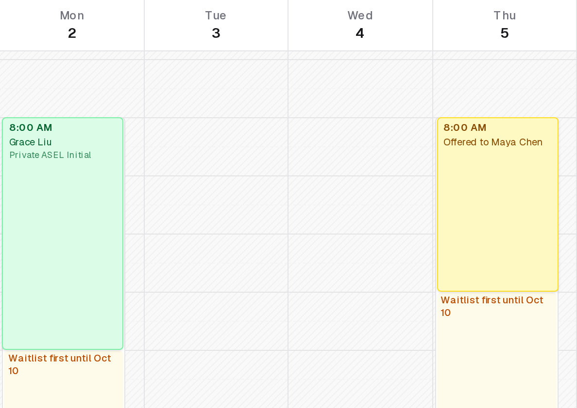 Next month on the calendar during its head start: a checkride an applicant accepted from the waitlist, a time Offered to Maya Chen, and the rest labelled Waitlist first