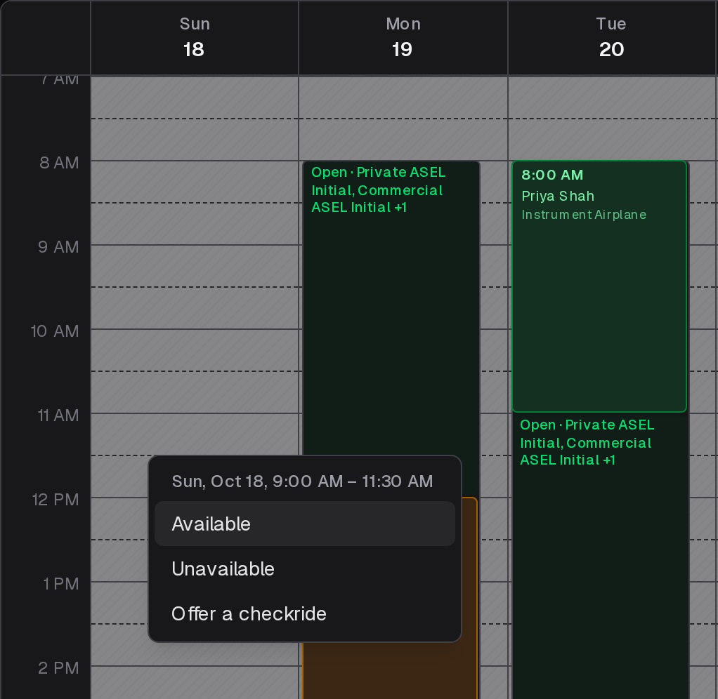A range dragged across empty time on Sunday, with the menu offering Available, Unavailable, or Offer a checkride