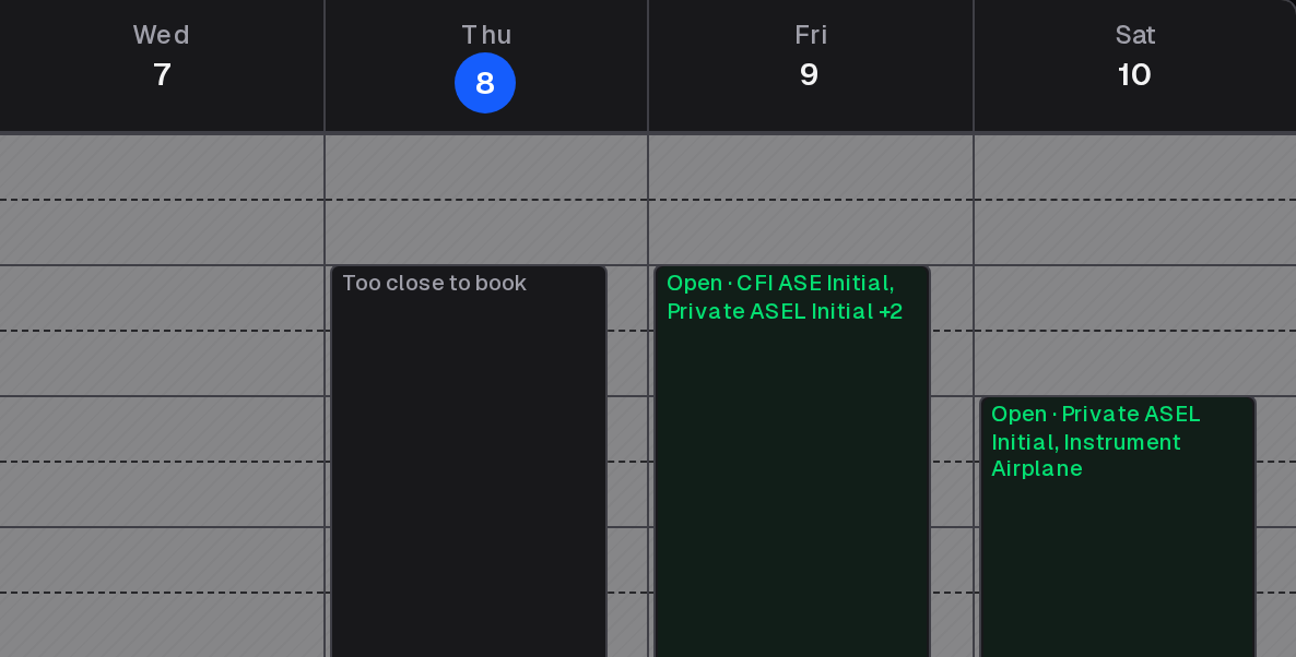 This week: tomorrow labelled Too close to book, and later dates open for booking