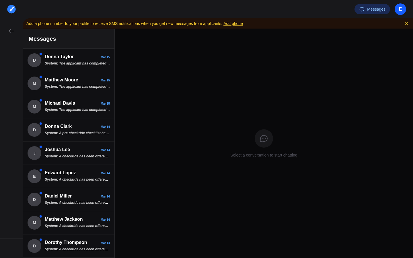 DPE messaging inbox showing conversations with applicants