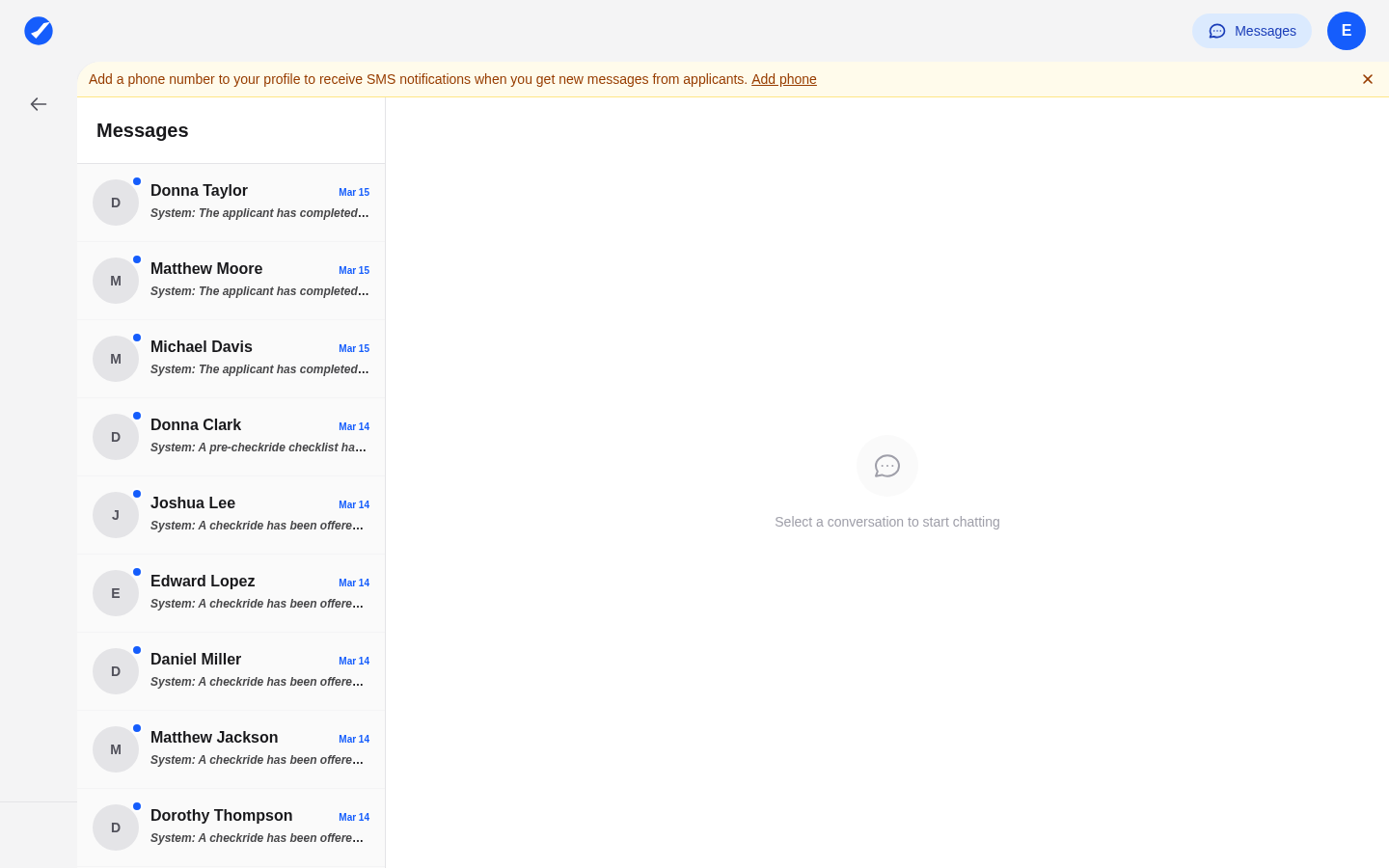 DPE messaging inbox showing conversations with applicants