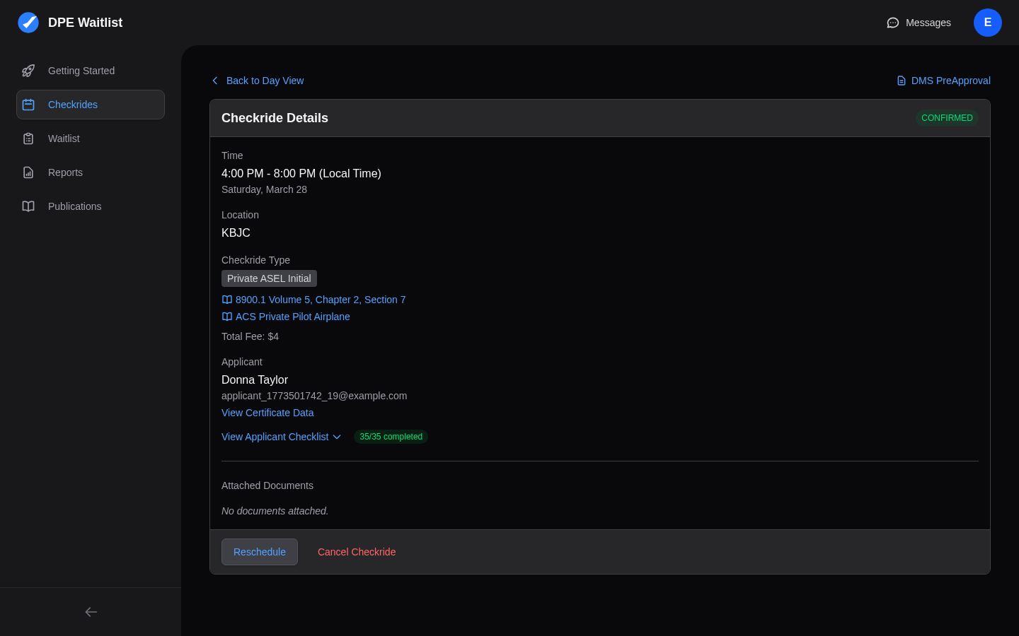Checkride detail view showing time, location, checkride type, applicant info, checklist status, and Reschedule/Cancel buttons