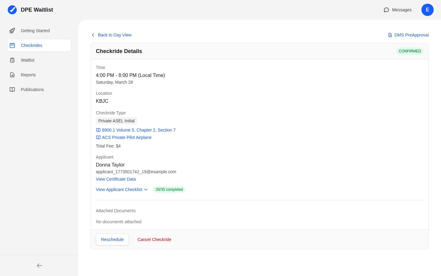 Checkride detail view showing time, location, checkride type, applicant info, checklist status, and Reschedule/Cancel buttons