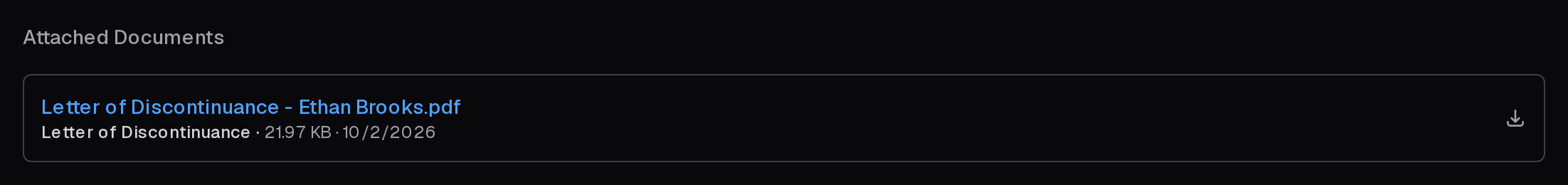 Attached Documents on a checkride: a Letter of Discontinuance with its type, size and date, and a download button