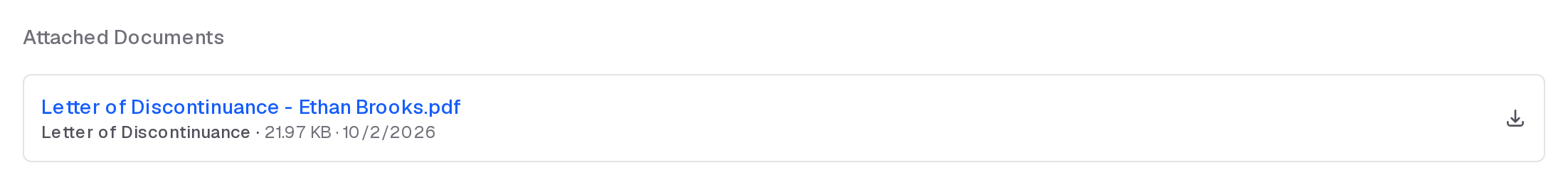 Attached Documents on a checkride: a Letter of Discontinuance with its type, size and date, and a download button