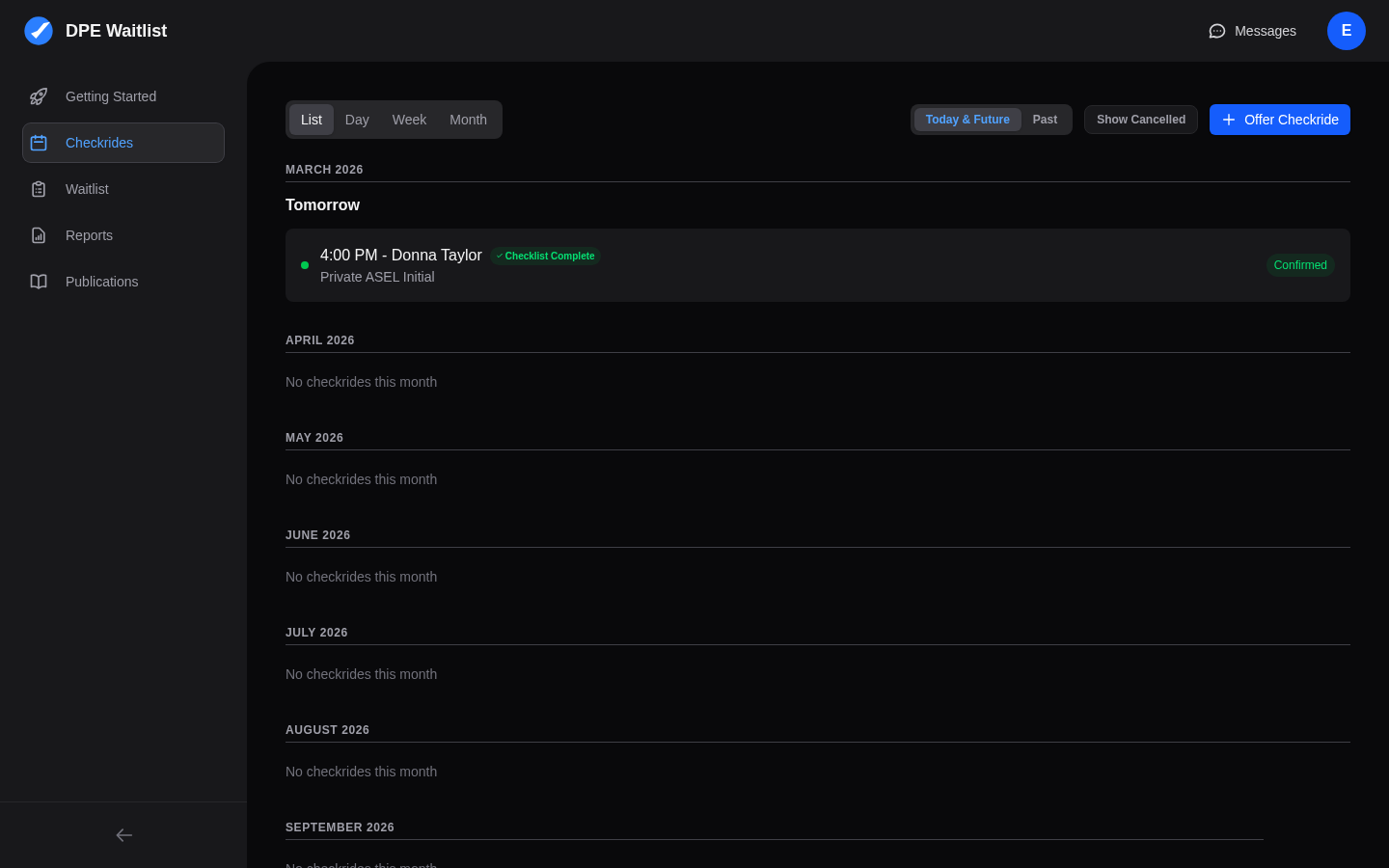 DPE checkrides view showing the calendar with list, day, week, and month tabs