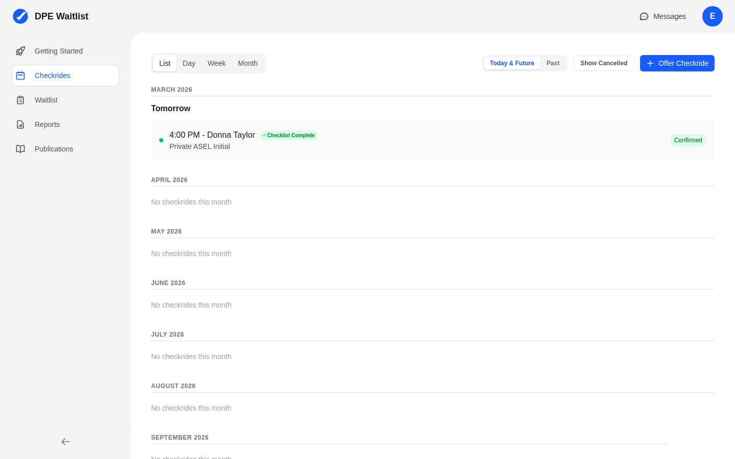 DPE checkrides view showing the calendar with list, day, week, and month tabs