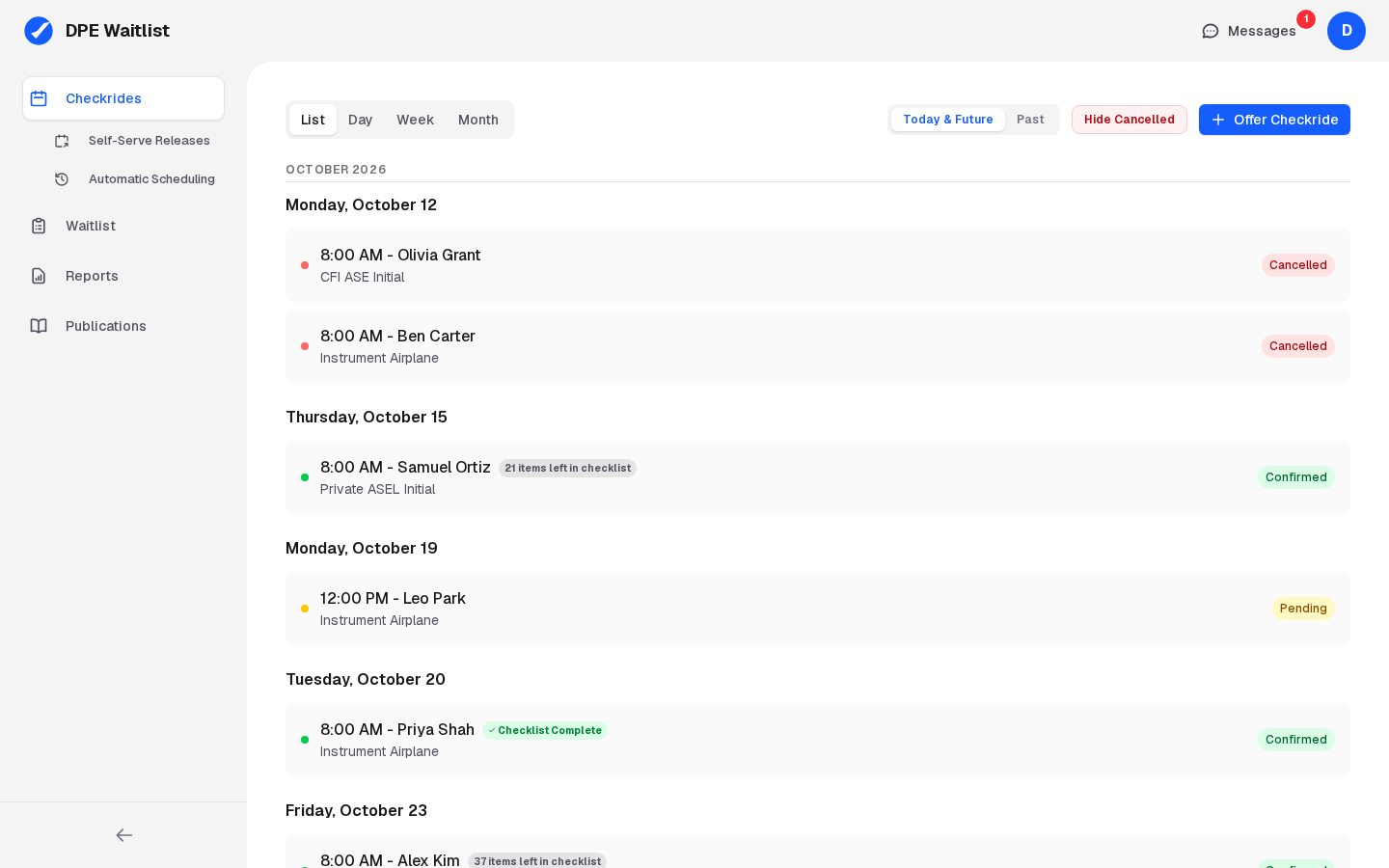 The Checkrides list with a status on each checkride: Cancelled, Confirmed and Pending