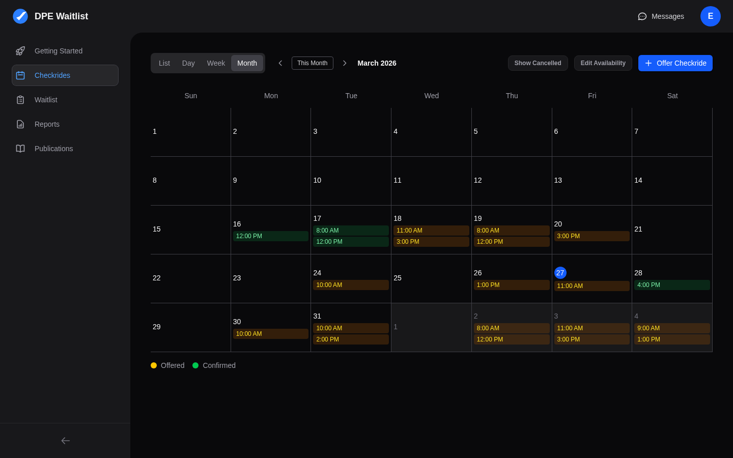 Month calendar view showing Offered (yellow) and Confirmed (green) checkrides across the month