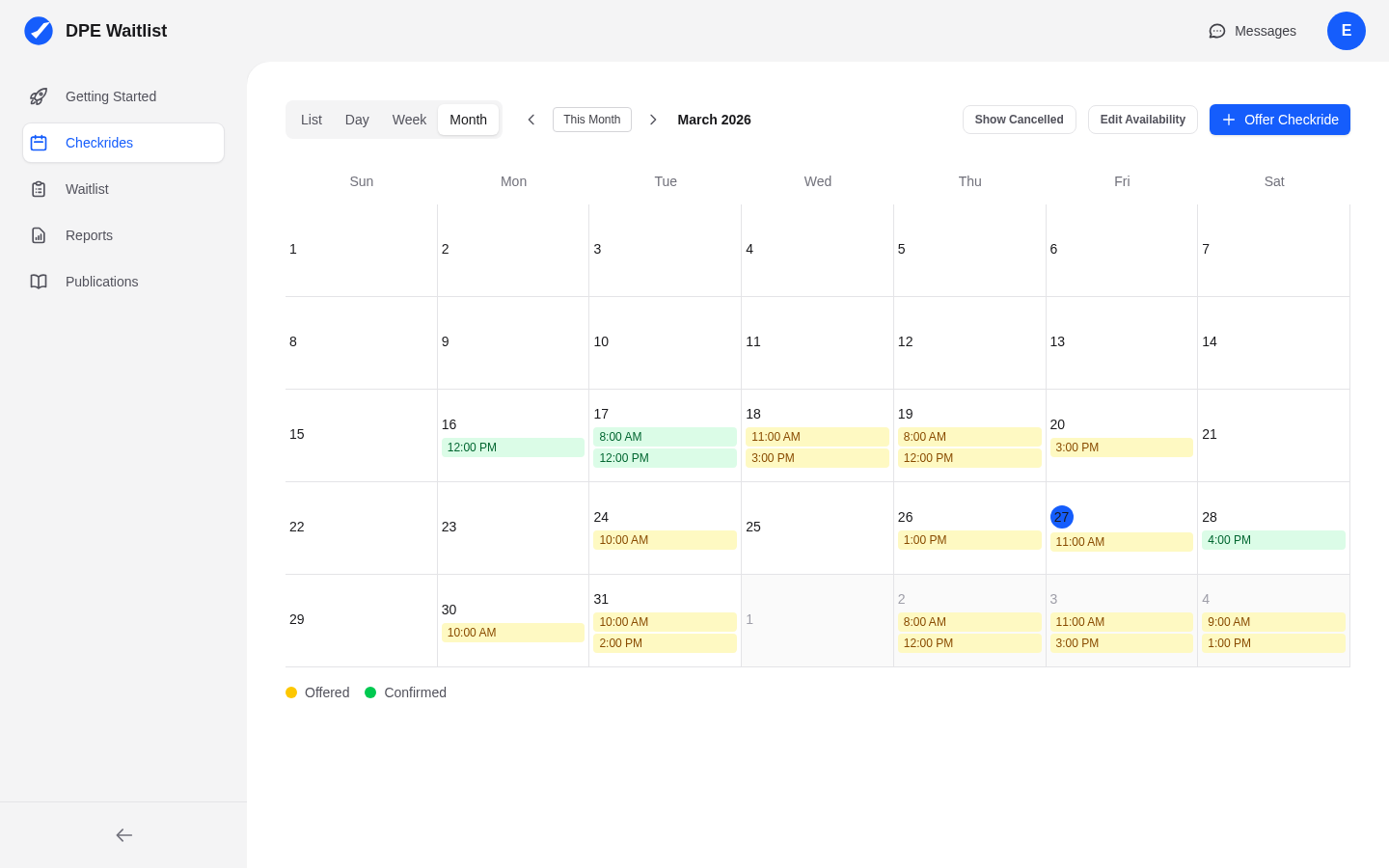 Month calendar view showing Offered (yellow) and Confirmed (green) checkrides across the month