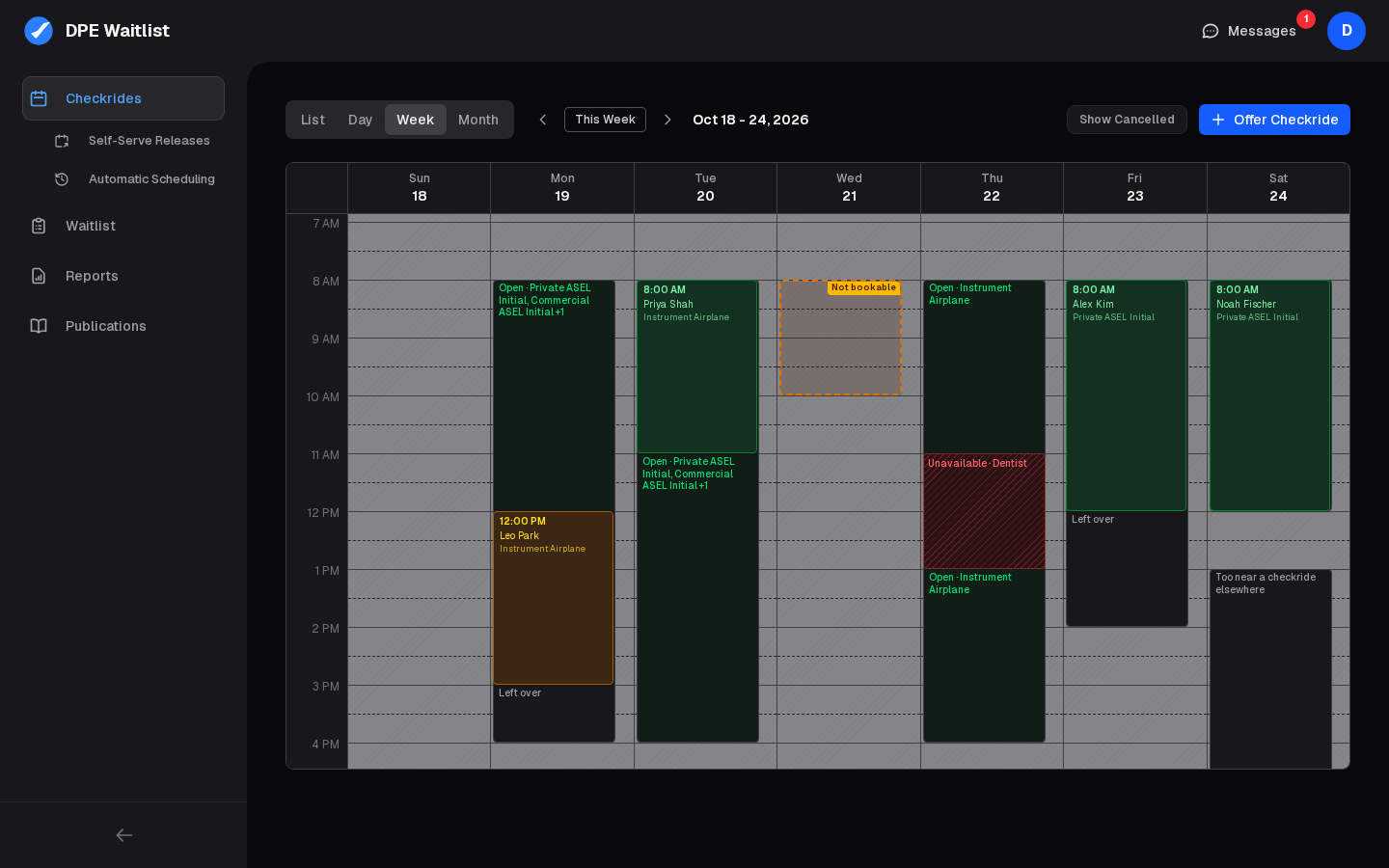 Week view showing availability blocks with open time, a confirmed and an offered checkride, unavailability, time left over, time too near a checkride elsewhere, and a block marked Not bookable