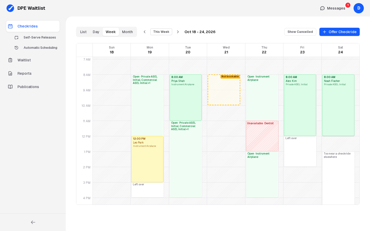 Week view showing availability blocks with open time, a confirmed and an offered checkride, unavailability, time left over, time too near a checkride elsewhere, and a block marked Not bookable