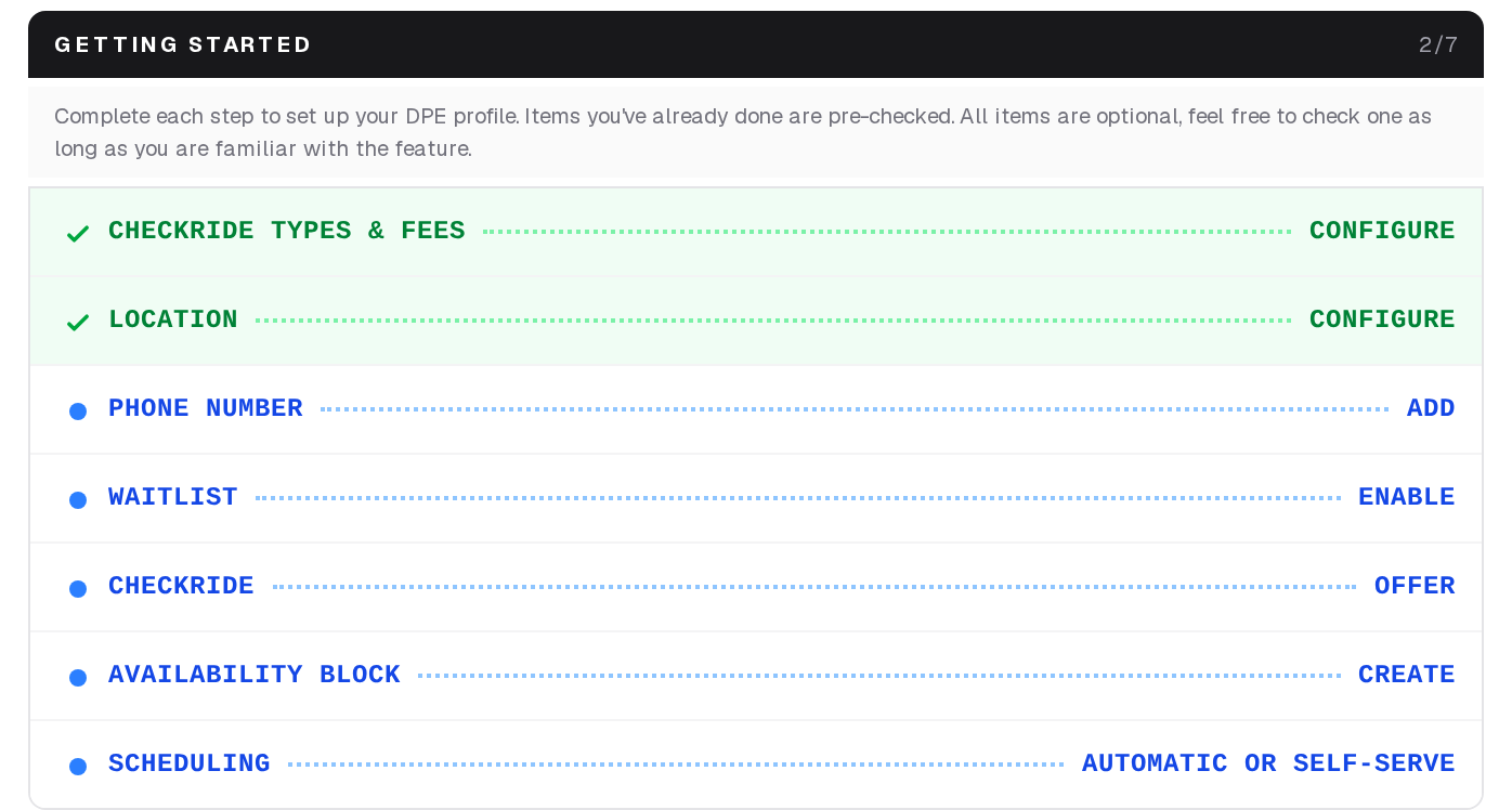 The Getting Started checklist with Checkride Types & Fees and Location done, and Phone Number, Waitlist, Checkride, Availability Block and Scheduling still to do