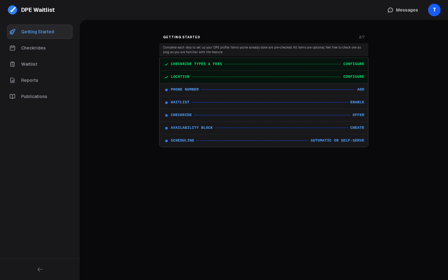 A new DPE's dashboard opening on the Getting Started checklist, with Getting Started at the top of the sidebar