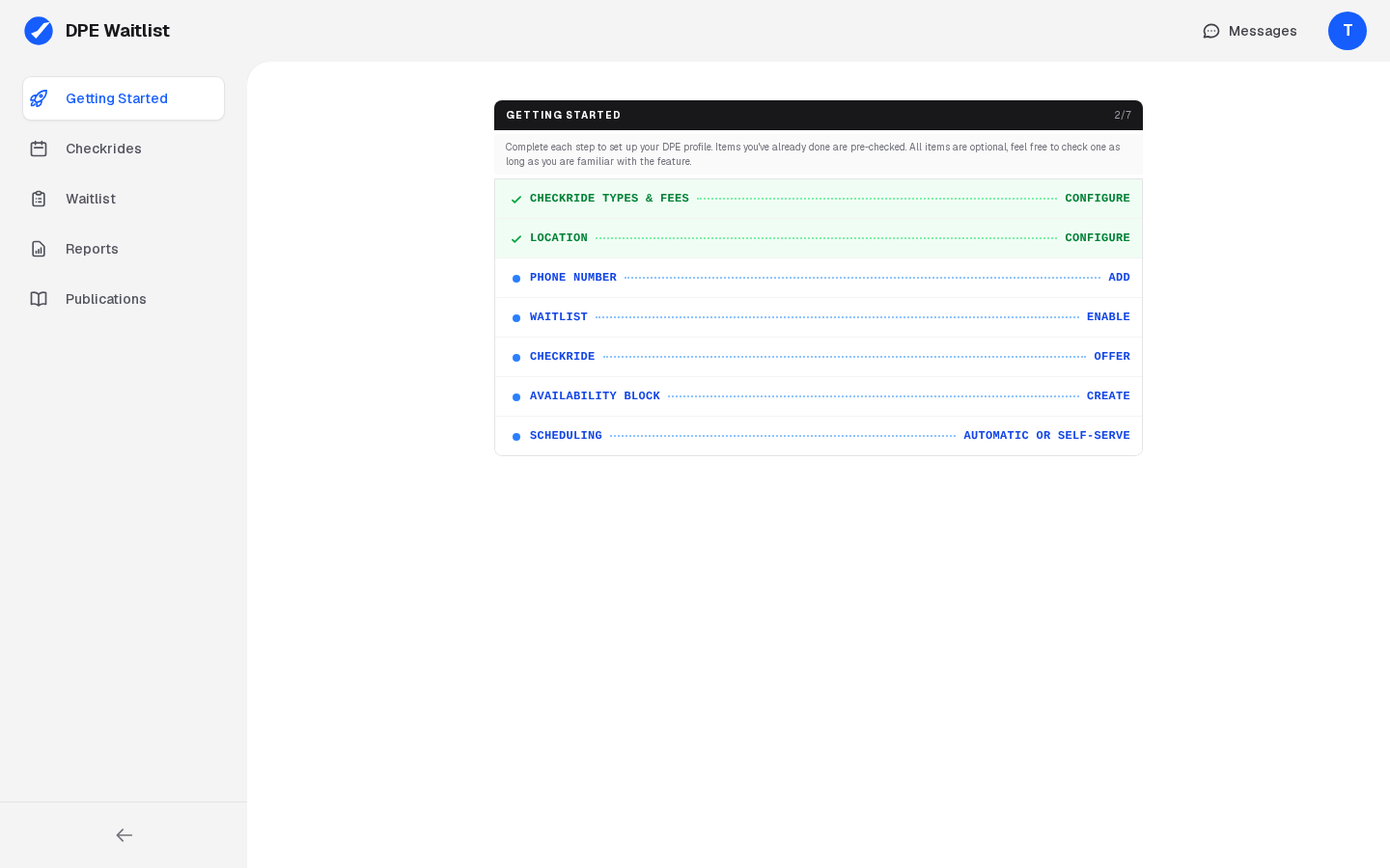 A new DPE's dashboard opening on the Getting Started checklist, with Getting Started at the top of the sidebar