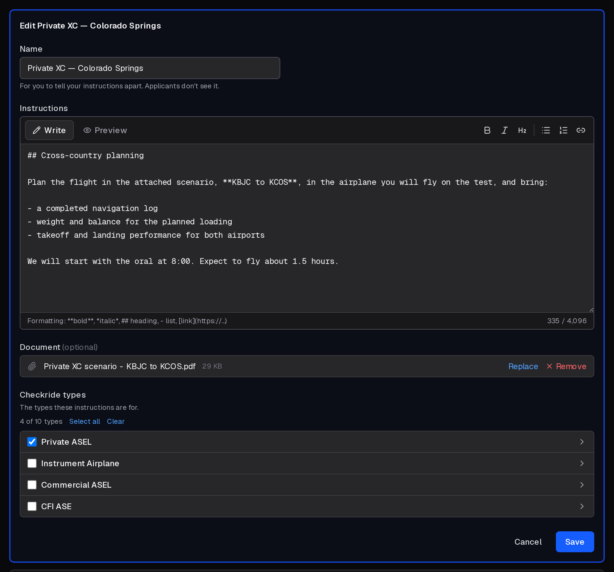 Editing instructions: the name, the text with its toolbar and Preview, the attached document, and the checkride types they are for