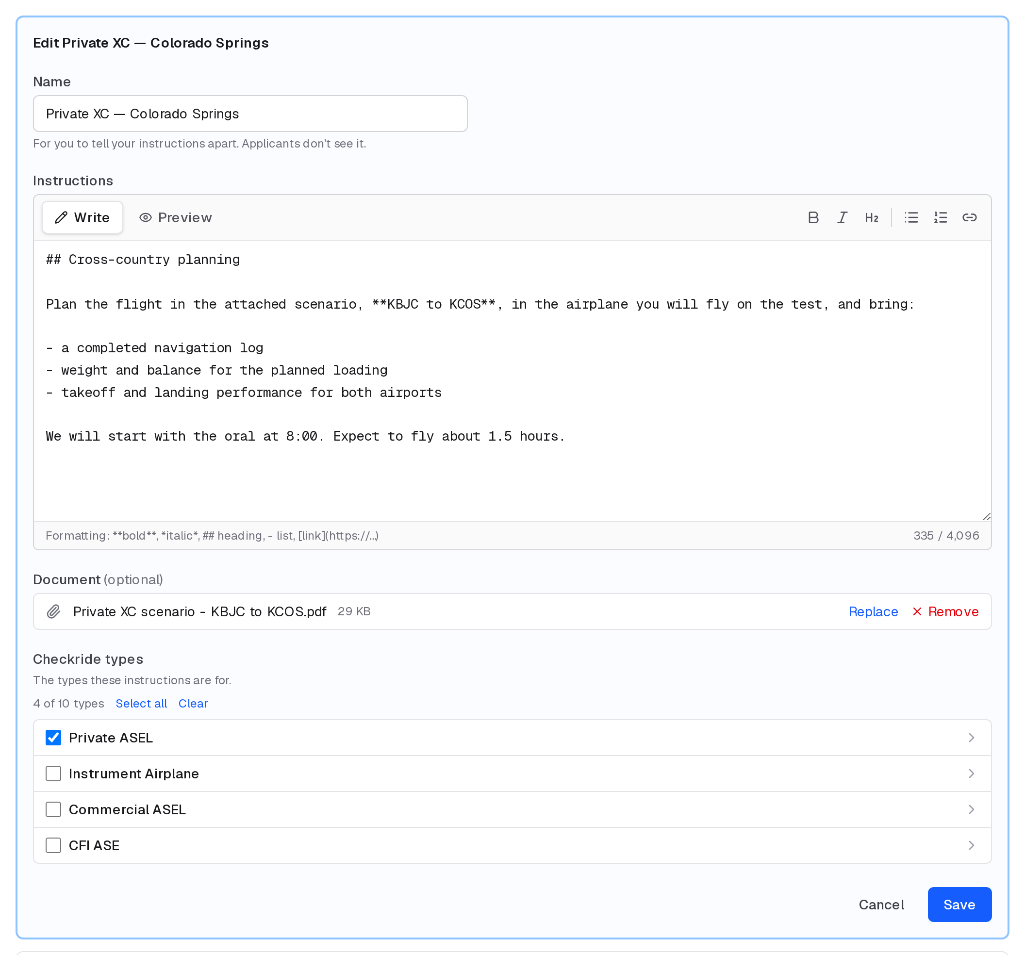 Editing instructions: the name, the text with its toolbar and Preview, the attached document, and the checkride types they are for