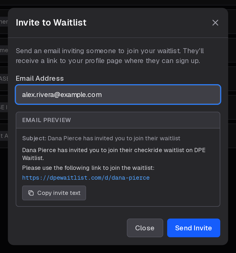 Invite to Waitlist, with the email address and a preview of the email and its link to your profile