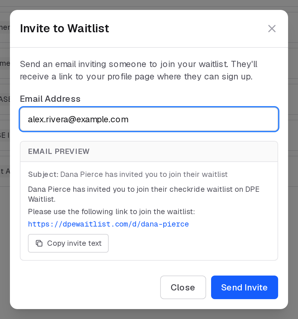 Invite to Waitlist, with the email address and a preview of the email and its link to your profile