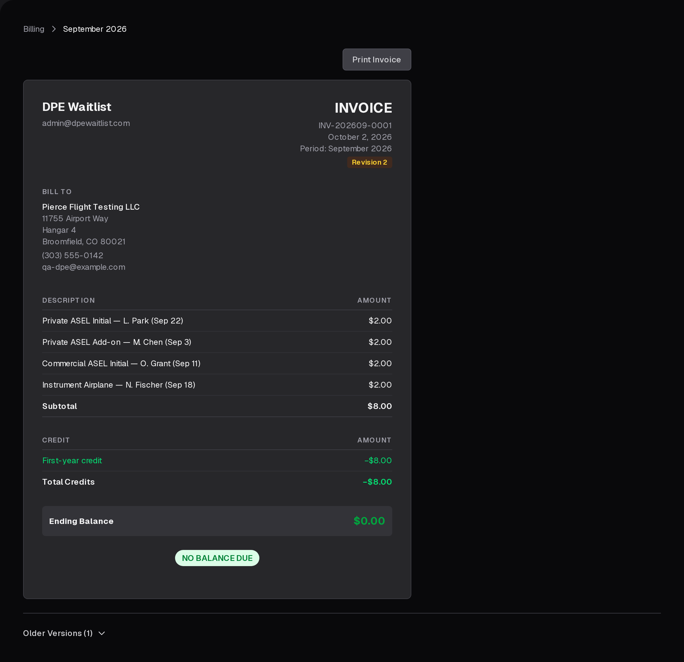 An invoice: the billing period and revision, who it's billed to, a line for each completed checkride, a credit, the ending balance and NO BALANCE DUE, with Older Versions beneath