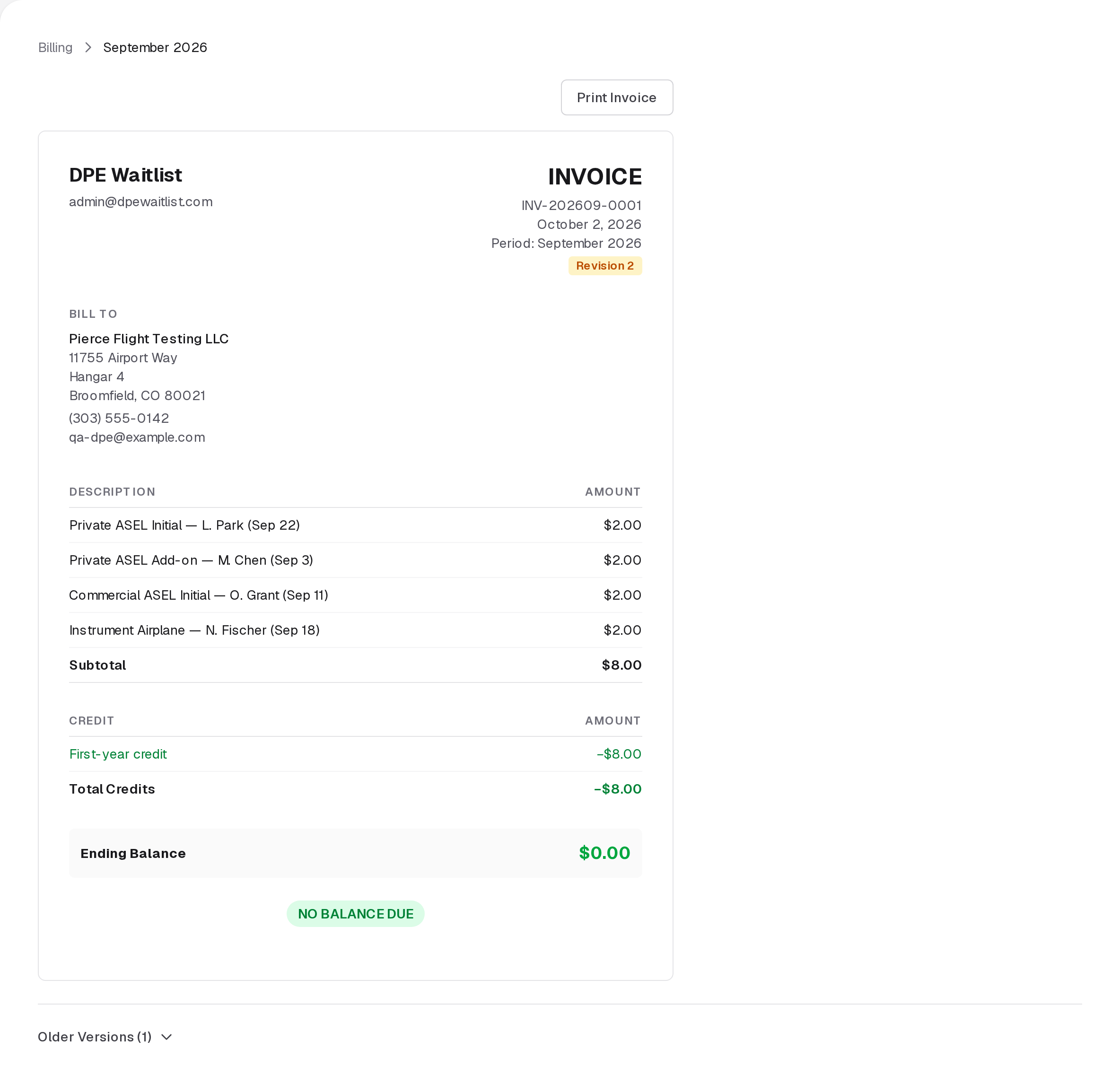 An invoice: the billing period and revision, who it's billed to, a line for each completed checkride, a credit, the ending balance and NO BALANCE DUE, with Older Versions beneath