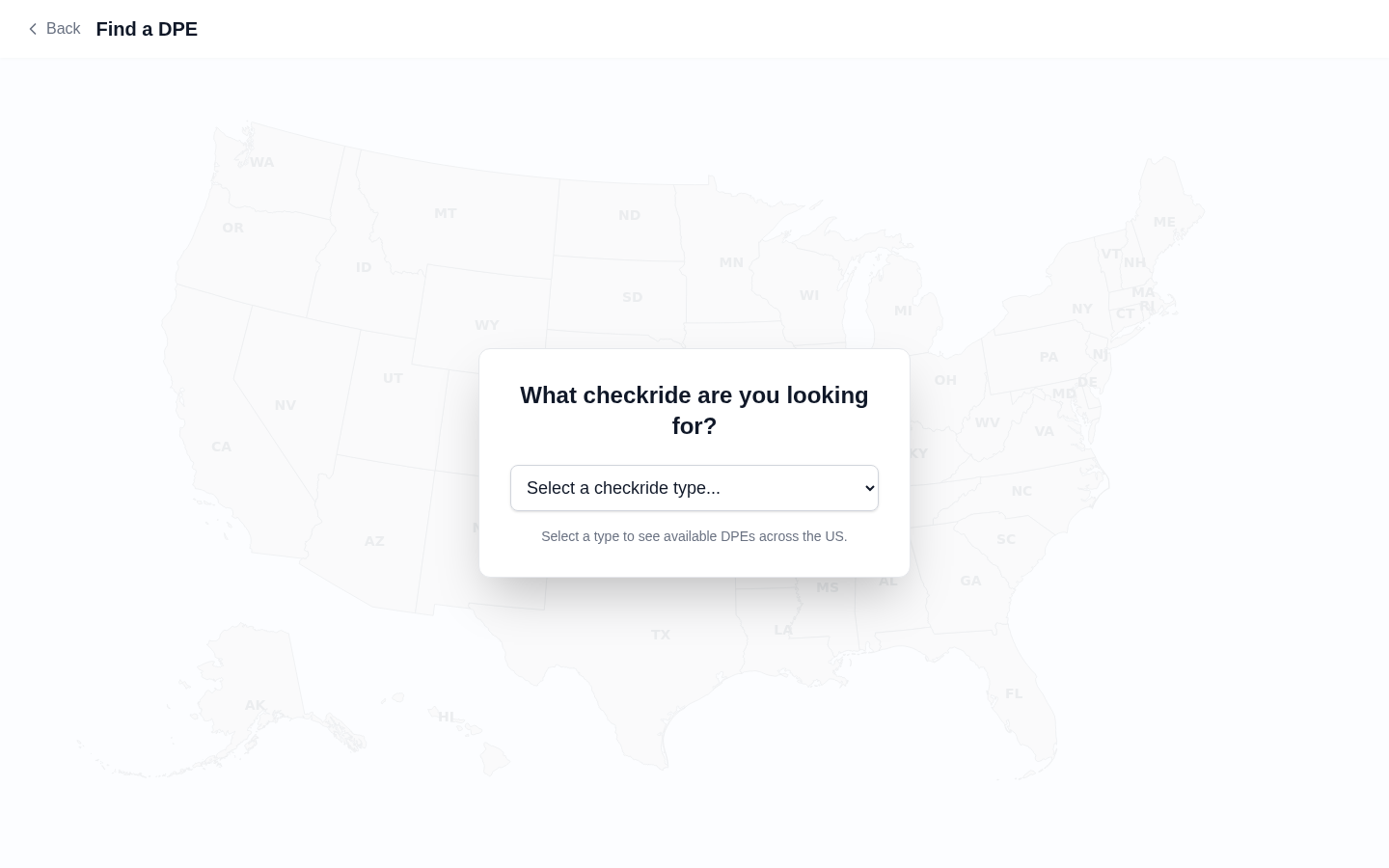 Find a DPE page showing the interactive map of the United States with a checkride type selector