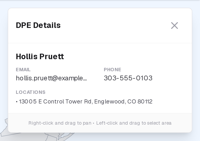 The details of an FAA directory listing on the map: name, email, phone and location