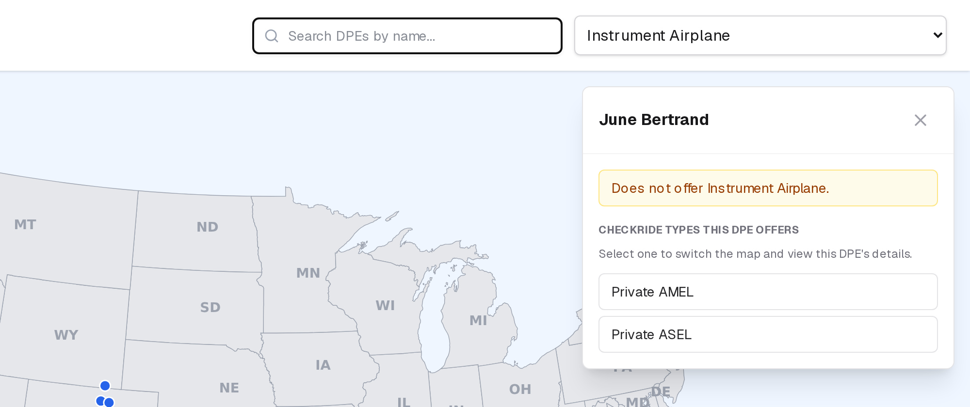 A DPE chosen with the map's name search who doesn't offer the chosen checkride, with the types they do offer
