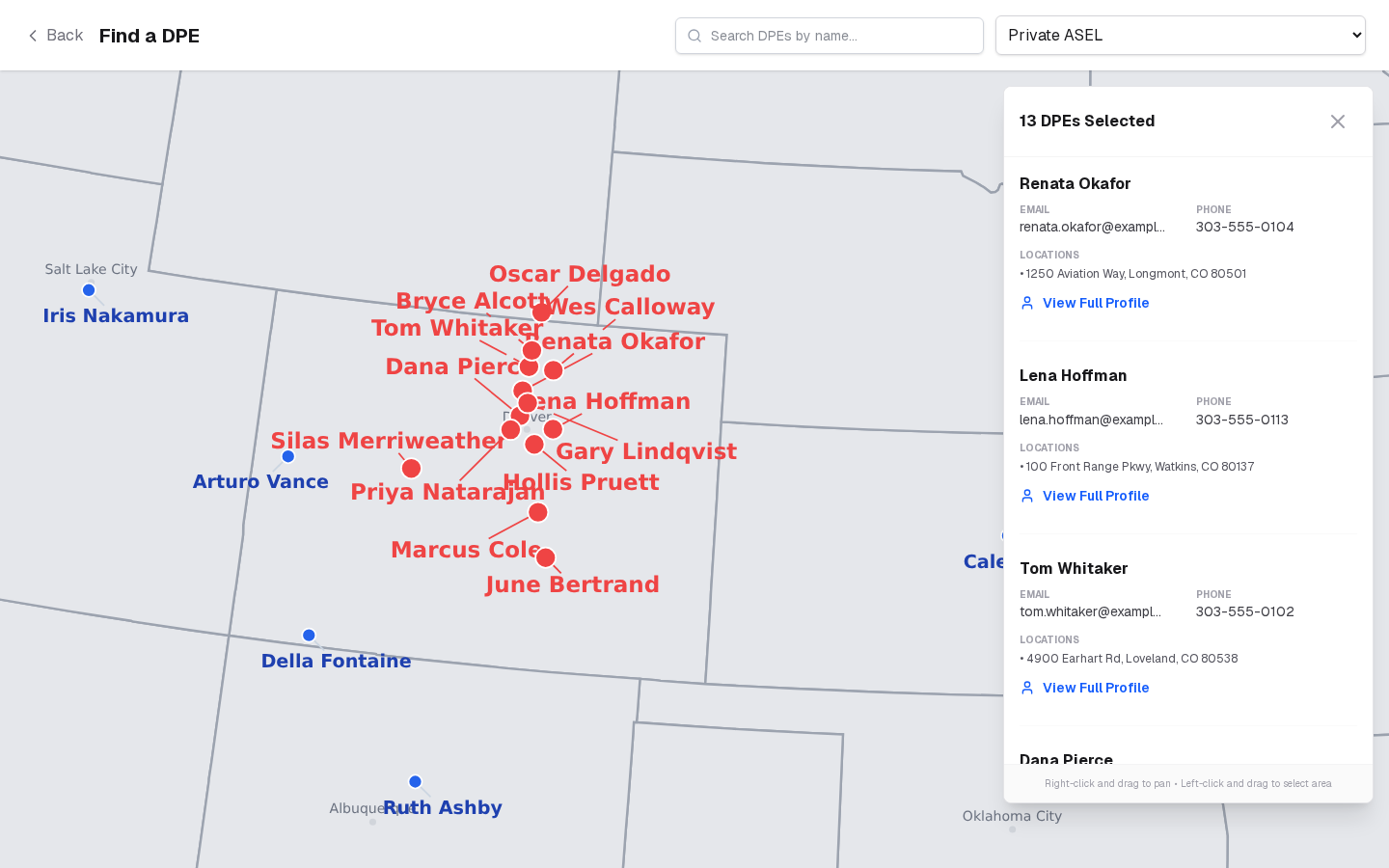 An area selected on the map, zoomed in on Colorado, with the selected DPEs listed beside it and View Full Profile for those registered