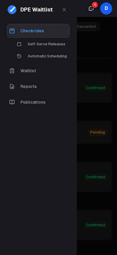 On a phone, the sidebar open over the Checkrides page