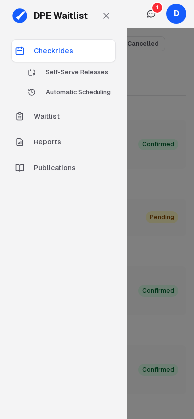 On a phone, the sidebar open over the Checkrides page
