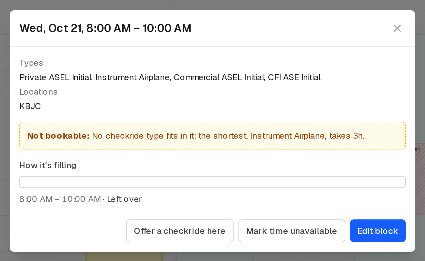 The panel of a two-hour block saying it is not bookable: no checkride type fits in it
