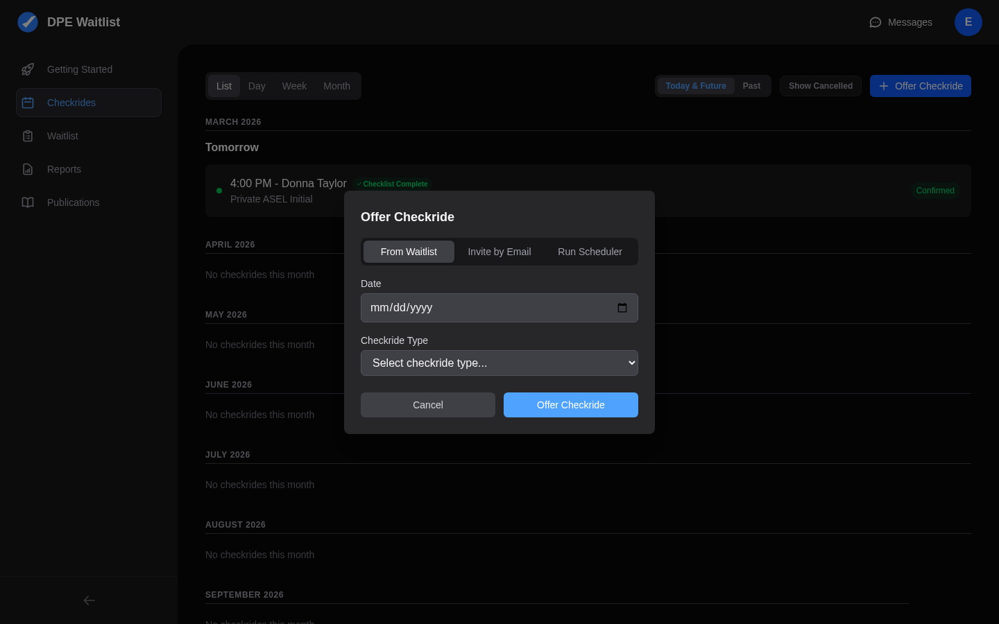 Offer Checkride dialog showing From Waitlist and Invite by Email tabs, date picker, and checkride type selector
