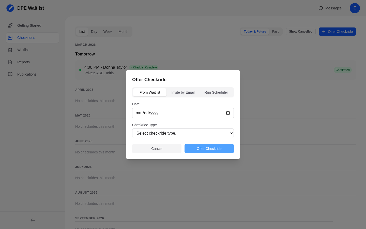 Offer Checkride dialog showing From Waitlist and Invite by Email tabs, date picker, and checkride type selector