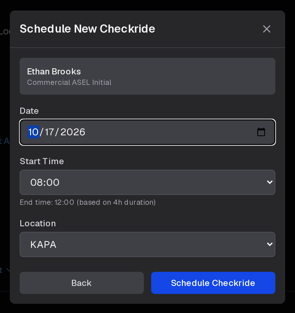 Schedule New Checkride after a discontinuance: the date, start time and location