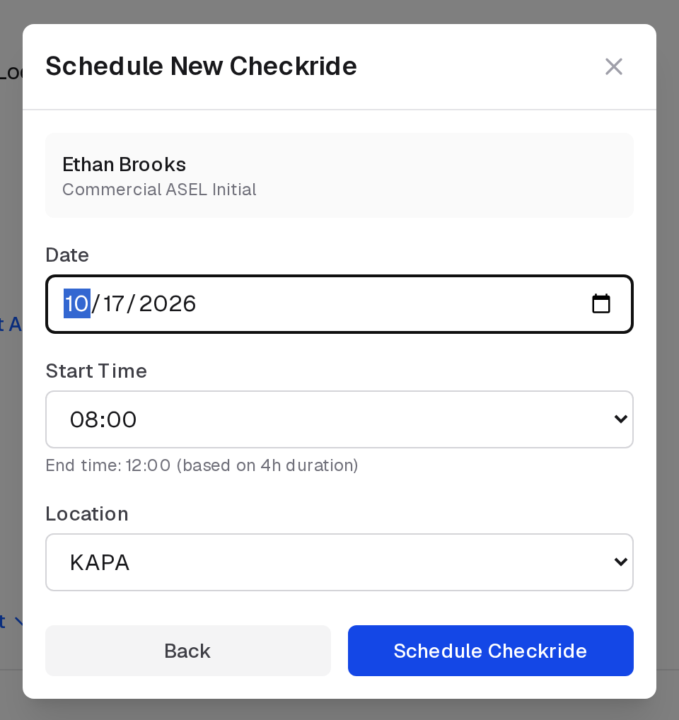 Schedule New Checkride after a discontinuance: the date, start time and location
