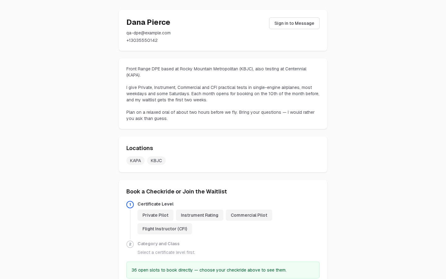 Your public profile as anyone sees it: your name and contact details, profile text, locations, and the form to book a checkride or join your waitlist